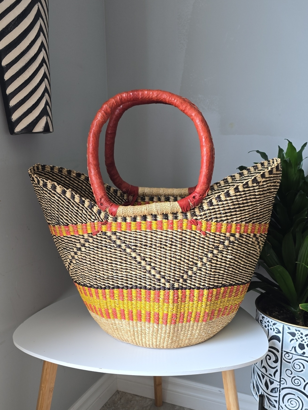 102 Handwoven Straw Market Tote Bag with Red Handles